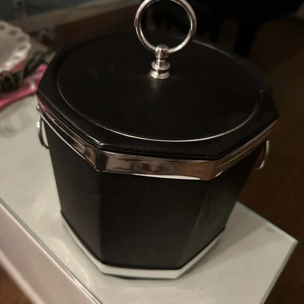 Vintage Faux Black Leather Ice Bucket with Chrome Trim